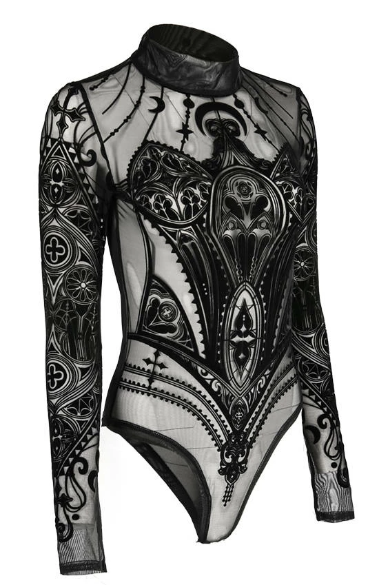 Restyle Standard Tops Black Gothic Mesh Cathedral Corset Bodysuit - Image 2