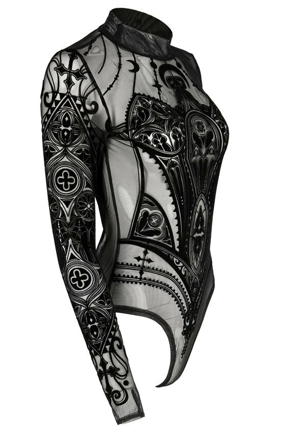 Restyle Standard Tops Black Gothic Mesh Cathedral Corset Bodysuit - Image 3