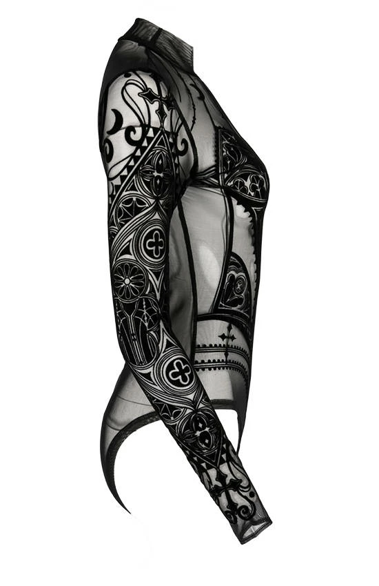 Restyle Standard Tops Black Gothic Mesh Cathedral Corset Bodysuit - Image 4