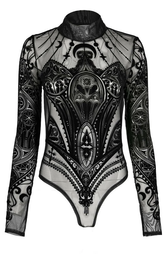 Restyle Standard Tops Black Gothic Mesh Cathedral Corset Bodysuit