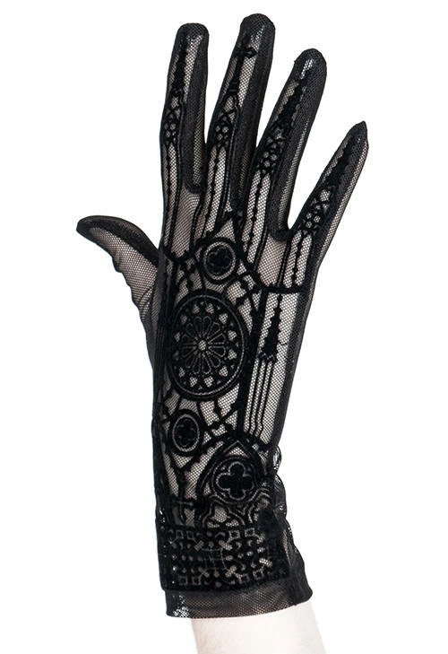 Restyle Black Gothic Mesh Gloves With Cathedral Pattern - Image 3