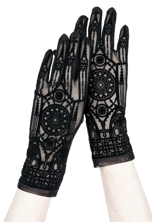 Restyle Black Gothic Mesh Gloves With Cathedral Pattern - Image 4