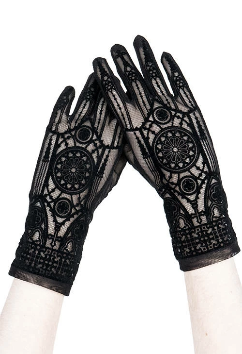 Restyle Black Gothic Mesh Gloves With Cathedral Pattern - Image 6