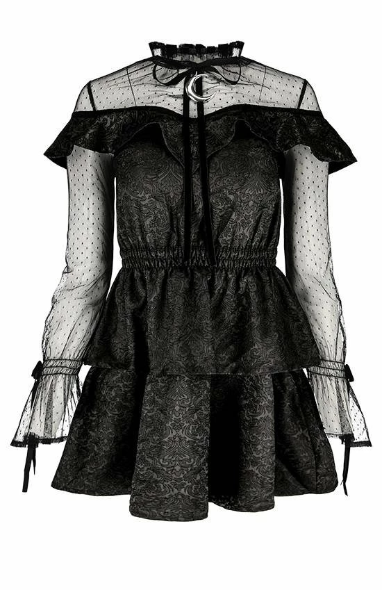 Restyle Dresses Black Gothic Mesh Sleeves Jacquard Layered Mini Dress - Image 2