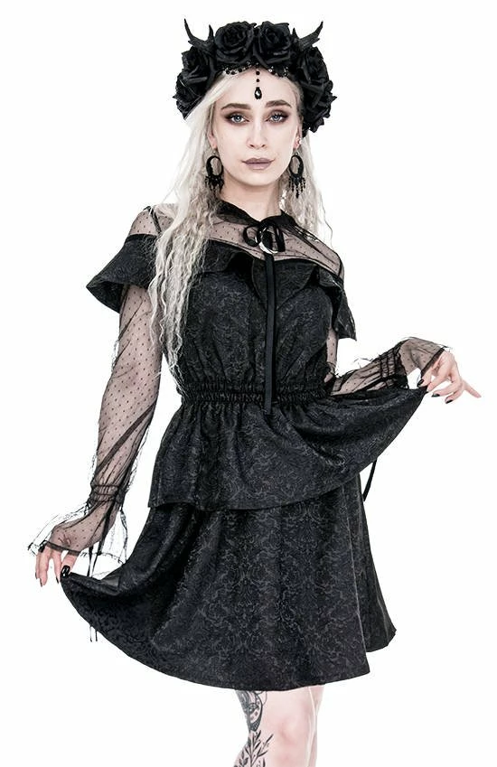 Restyle Dresses Black Gothic Mesh Sleeves Jacquard Layered Mini Dress - Image 4