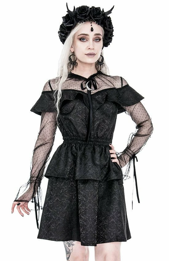 Restyle Dresses Black Gothic Mesh Sleeves Jacquard Layered Mini Dress
