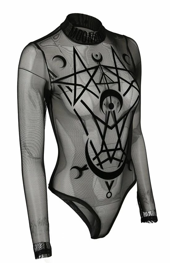 Restyle Standard Tops Black Gothic Moon Child See-Through Mesh Turtleneck Bodysuit - Image 2