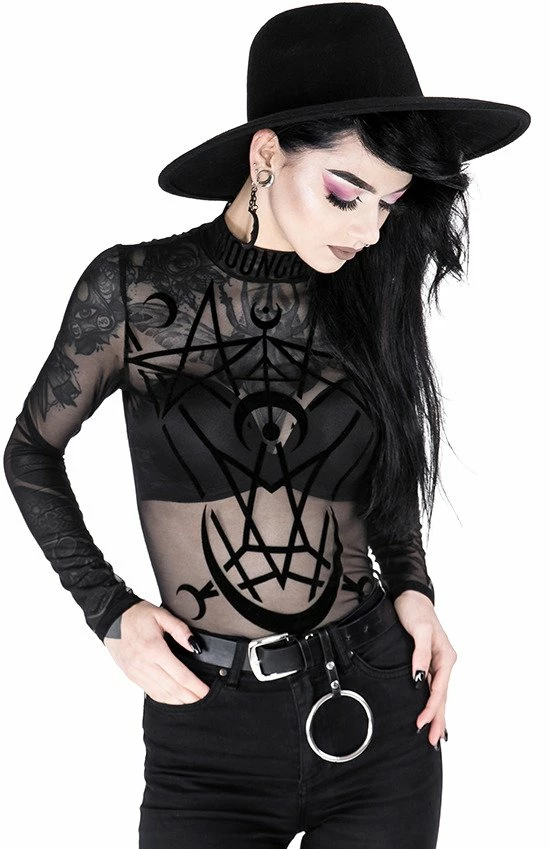 Restyle Standard Tops Black Gothic Moon Child See-Through Mesh Turtleneck Bodysuit - Image 3