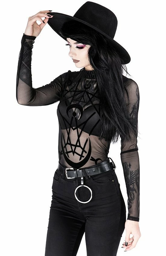 Restyle Standard Tops Black Gothic Moon Child See-Through Mesh Turtleneck Bodysuit - Image 4