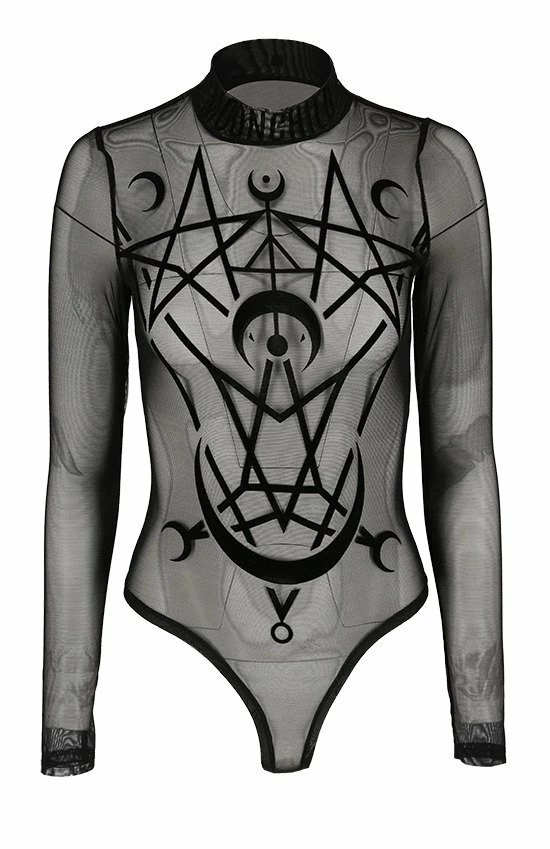 Restyle Standard Tops Black Gothic Moon Child See-Through Mesh Turtleneck Bodysuit
