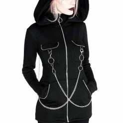 Restyle Jackets Black Gothic Oversized Hood Chained Long Jacket
