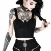 Restyle Standard Tops Black Gothic Padded Cuffs Strap Sleeves Crop Top