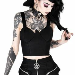 Restyle Standard Tops Black Gothic Padded Cuffs Strap Sleeves Crop Top