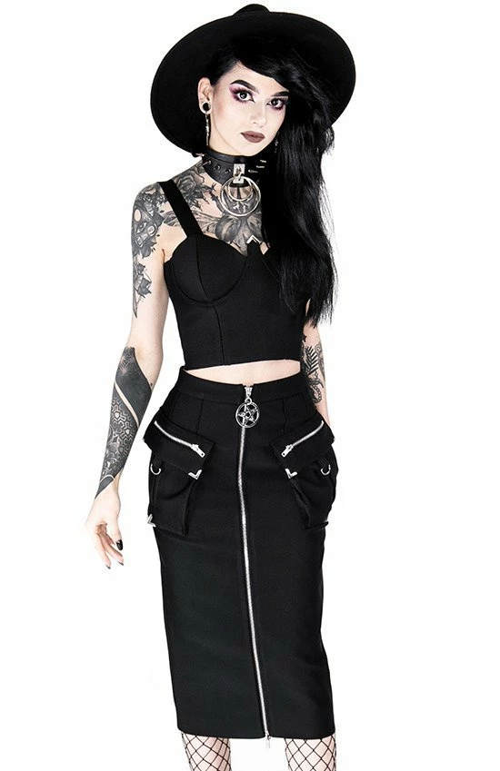 Restyle Standard Tops Black Gothic Padded Cuffs Strap Sleeves Crop Top - Image 6