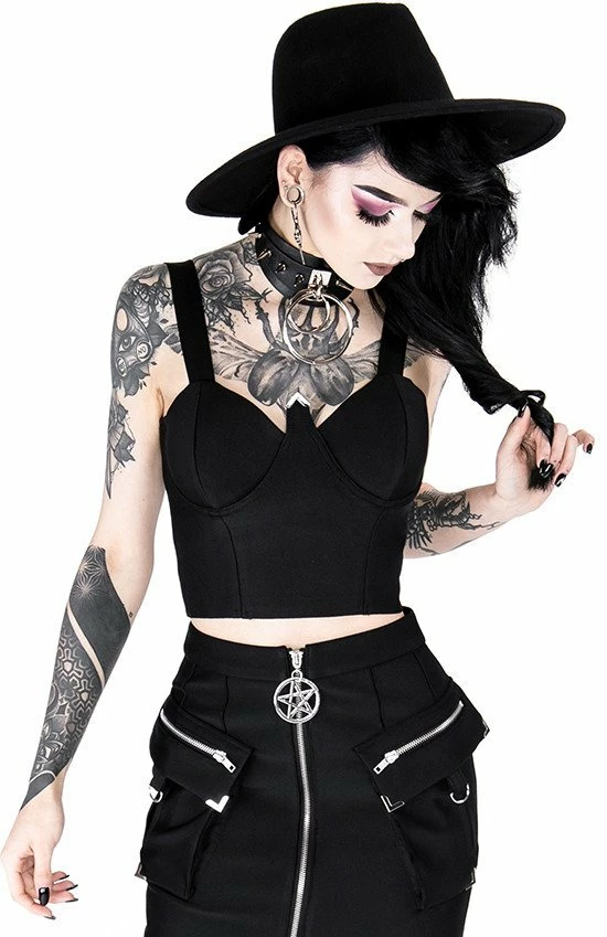 Restyle Standard Tops Black Gothic Padded Cuffs Strap Sleeves Crop Top