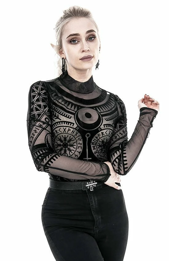 Restyle Standard Tops Black Gothic Pagan Runes See-Through Mesh Turtleneck Bodysuit - Image 2
