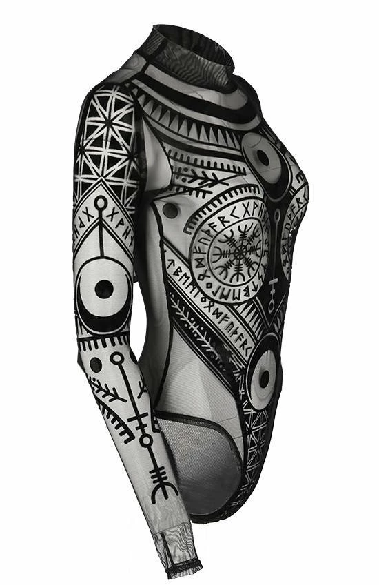 Restyle Standard Tops Black Gothic Pagan Runes See-Through Mesh Turtleneck Bodysuit - Image 5