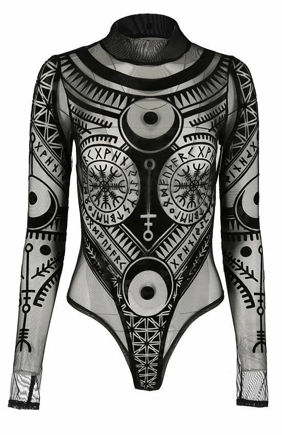 Restyle Standard Tops Black Gothic Pagan Runes See-Through Mesh Turtleneck Bodysuit