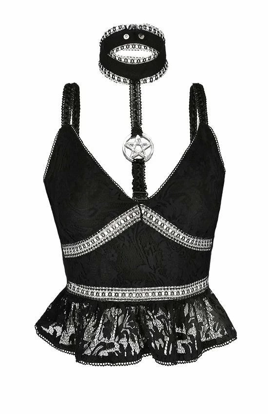 Restyle Standard Tops Black Gothic Pentagram Transparent Belt Peplum Lace Top - Image 2