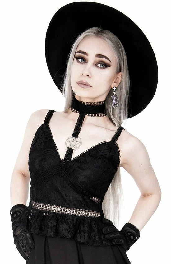 Restyle Standard Tops Black Gothic Pentagram Transparent Belt Peplum Lace Top - Image 4