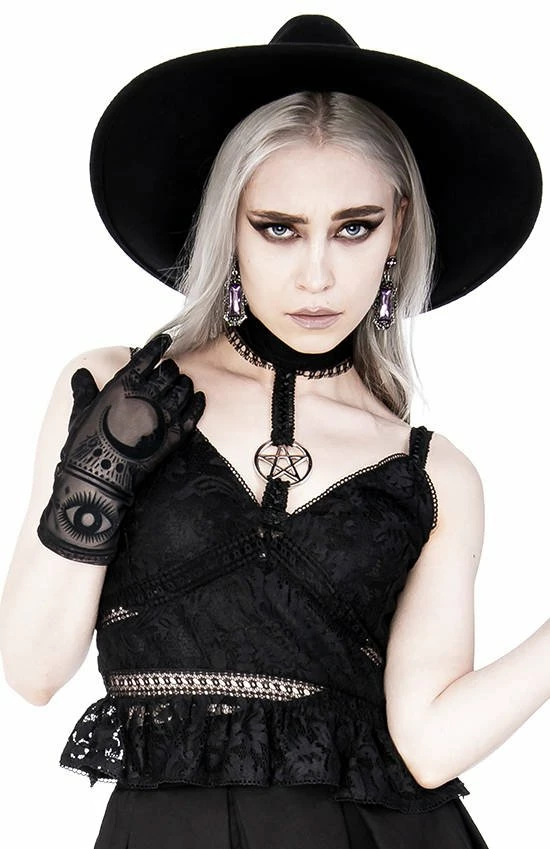 Restyle Standard Tops Black Gothic Pentagram Transparent Belt Peplum Lace Top