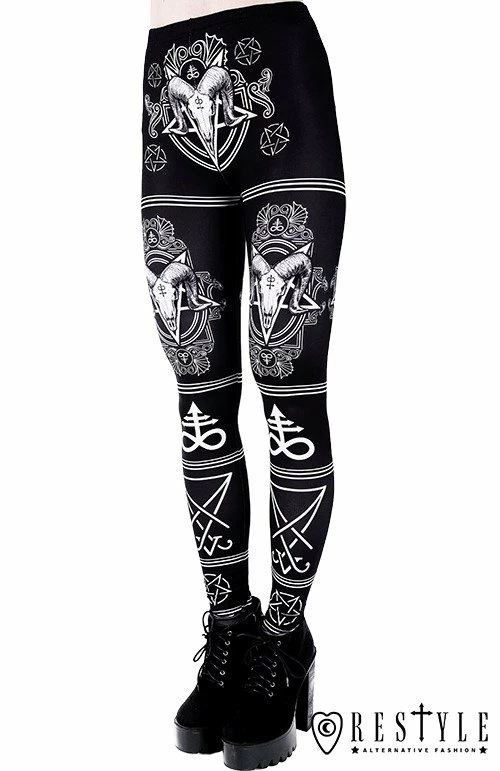 Restyle Black Gothic Ram Skulls Pentagrams Leviatan Crosses Leggings - Image 3