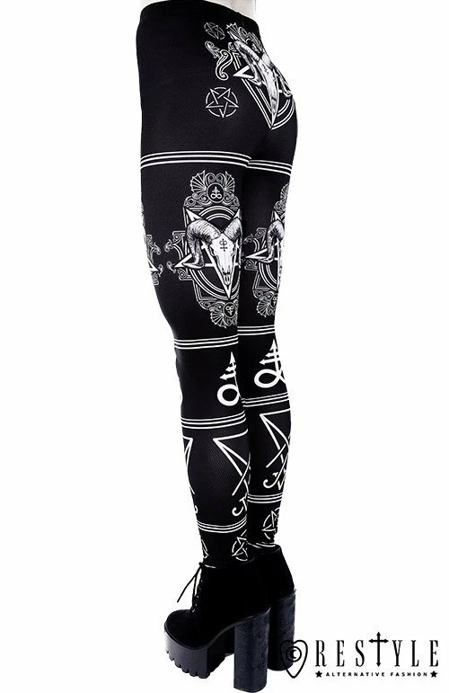 Restyle Black Gothic Ram Skulls Pentagrams Leviatan Crosses Leggings - Image 5