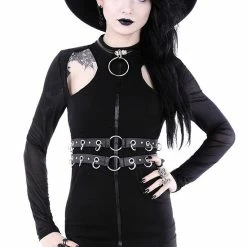 Restyle Dresses Black Gothic Ring Collar Full Zipper Pencil Mini Dress