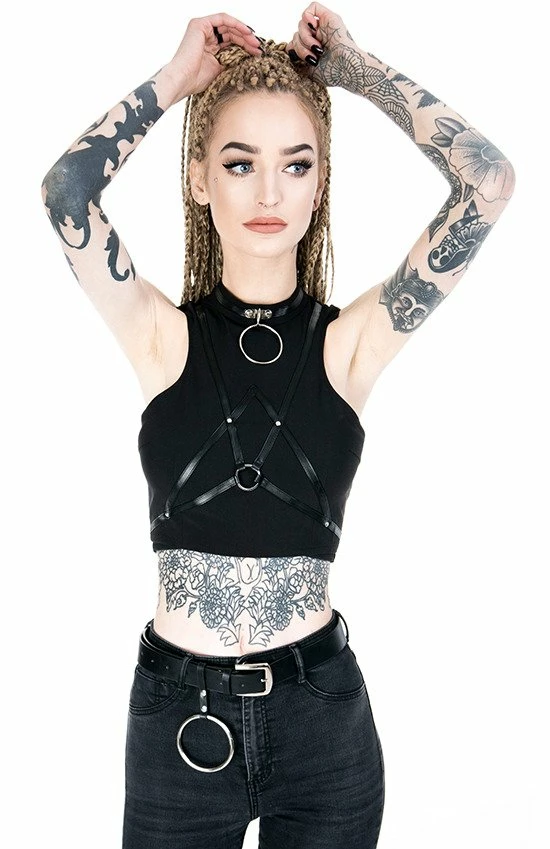Restyle Standard Tops Black Gothic Sleeveless Villain Harness Crop Top - Image 3
