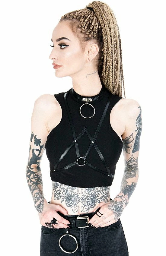 Restyle Standard Tops Black Gothic Sleeveless Villain Harness Crop Top - Image 4