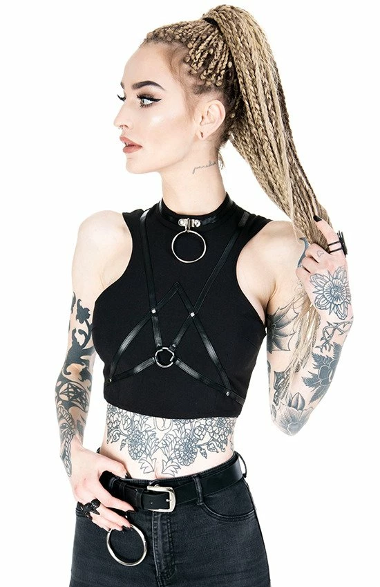 Restyle Standard Tops Black Gothic Sleeveless Villain Harness Crop Top