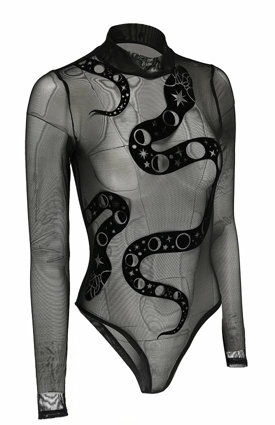 Restyle Standard Tops Black Gothic Snake Print See-Through Mesh Turtleneck Bodysuit - Image 2