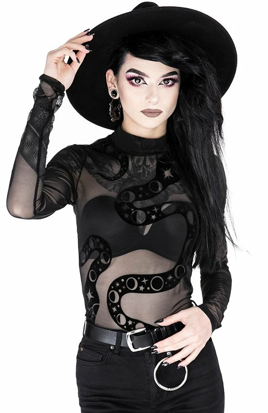 Restyle Standard Tops Black Gothic Snake Print See-Through Mesh Turtleneck Bodysuit - Image 3