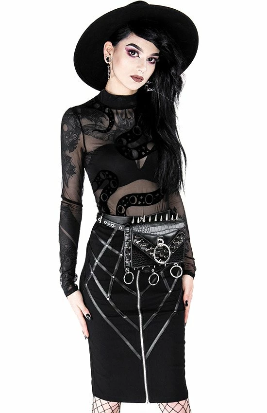 Restyle Standard Tops Black Gothic Snake Print See-Through Mesh Turtleneck Bodysuit - Image 4
