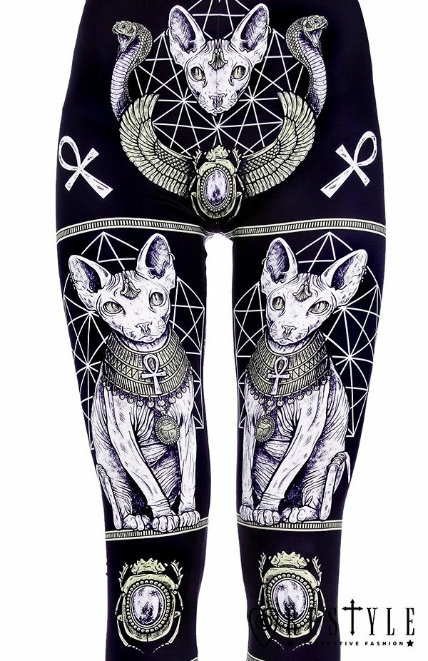 Restyle Black Gothic Sphynx Cats Bastet Occult Leggings - Image 2