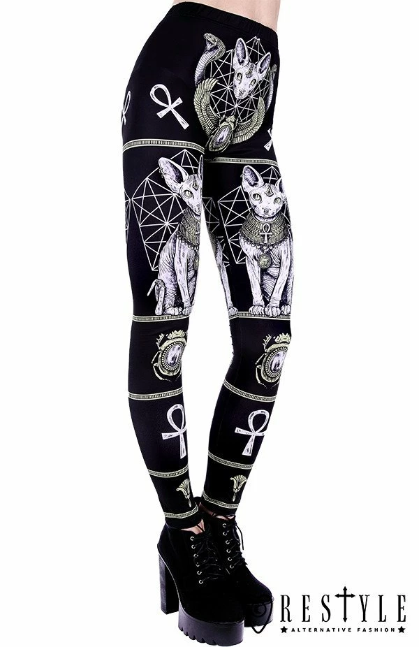 Restyle Black Gothic Sphynx Cats Bastet Occult Leggings - Image 3
