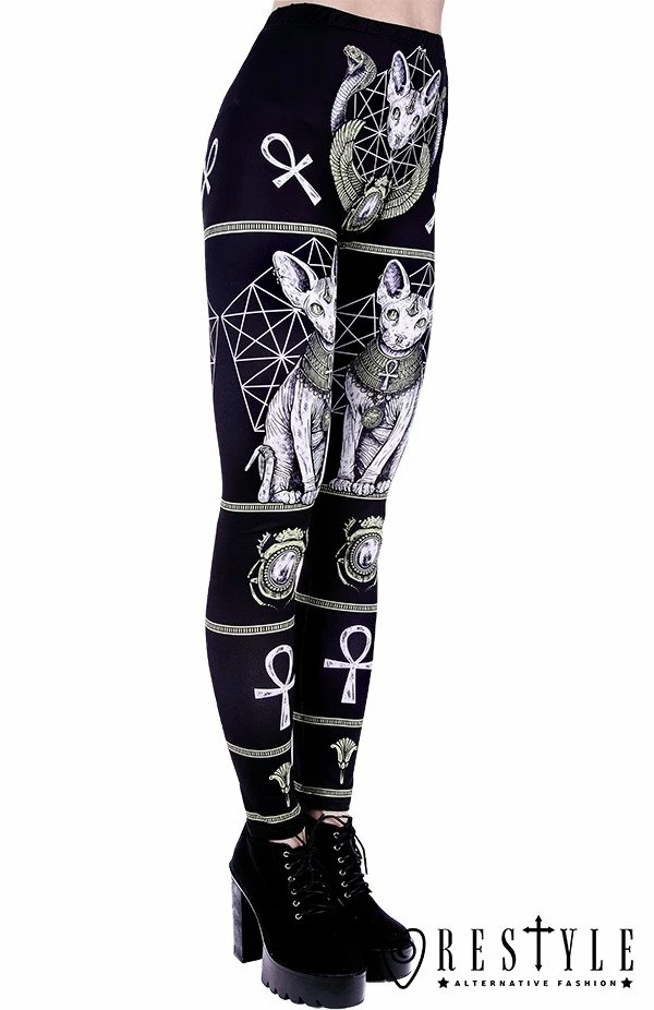 Restyle Black Gothic Sphynx Cats Bastet Occult Leggings - Image 4
