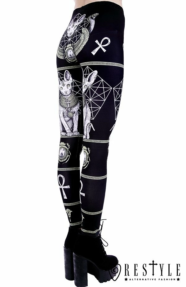 Restyle Black Gothic Sphynx Cats Bastet Occult Leggings - Image 5