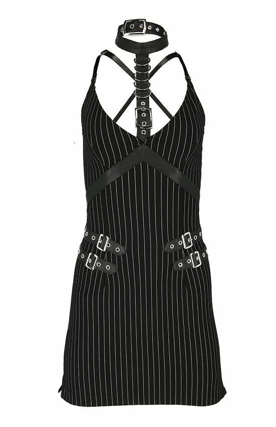 Restyle Dresses Black Gothic Steampunk Collared Pinstripe Mini Dress - Image 2