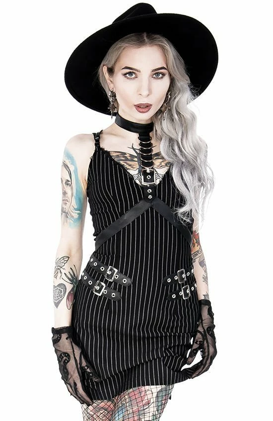 Restyle Dresses Black Gothic Steampunk Collared Pinstripe Mini Dress - Image 3