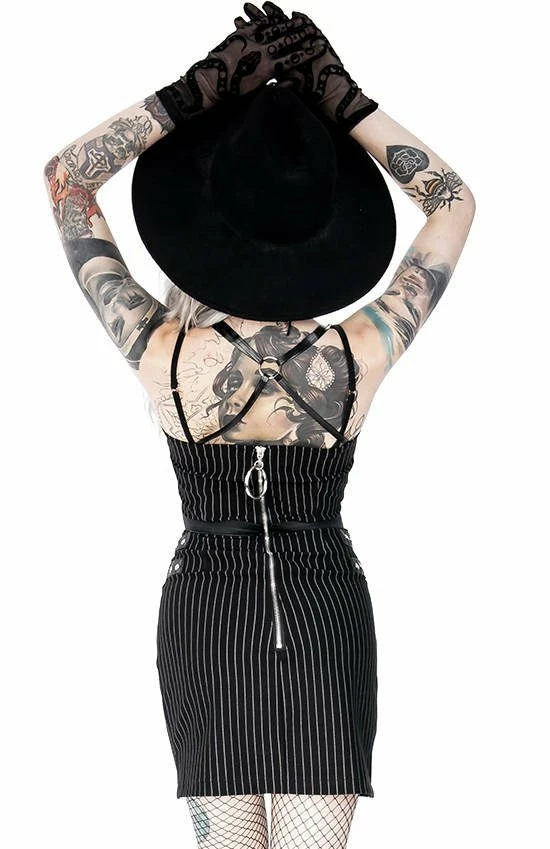 Restyle Dresses Black Gothic Steampunk Collared Pinstripe Mini Dress - Image 6