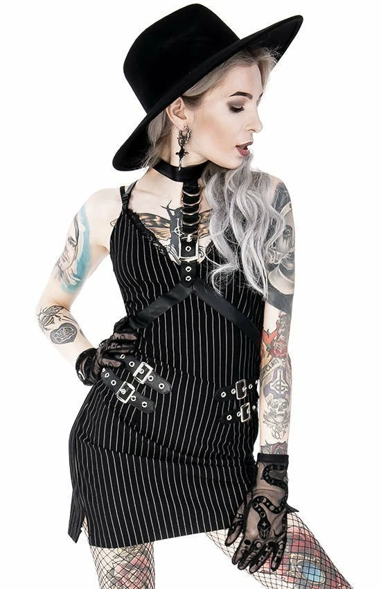 Restyle Dresses Black Gothic Steampunk Collared Pinstripe Mini Dress