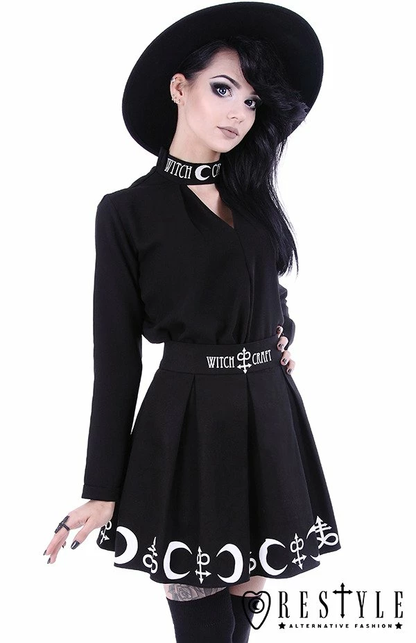 Restyle Skirts Black Gothic Symbols Moon Pleated Mini Skirt - Image 2