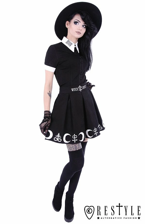 Restyle Skirts Black Gothic Symbols Moon Pleated Mini Skirt - Image 3