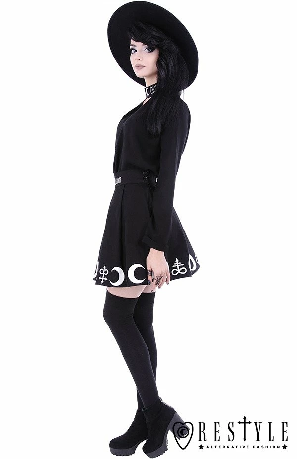 Restyle Skirts Black Gothic Symbols Moon Pleated Mini Skirt - Image 5