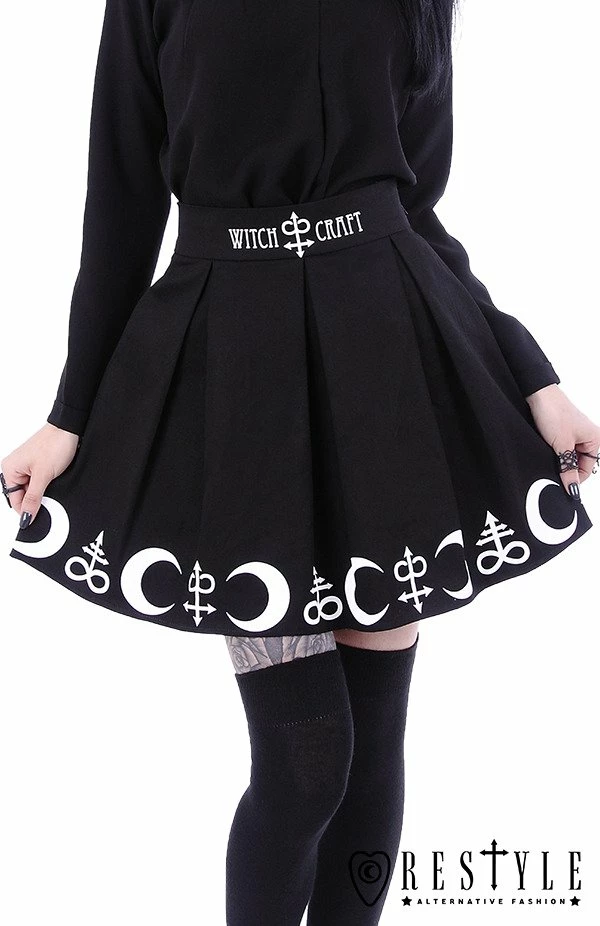 Restyle Skirts Black Gothic Symbols Moon Pleated Mini Skirt