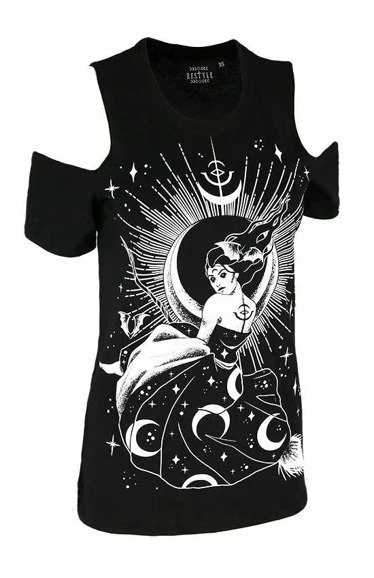 Restyle T-Shirts Black Gothic T-shirt With Witch Nox Cold Shoulder - Image 2