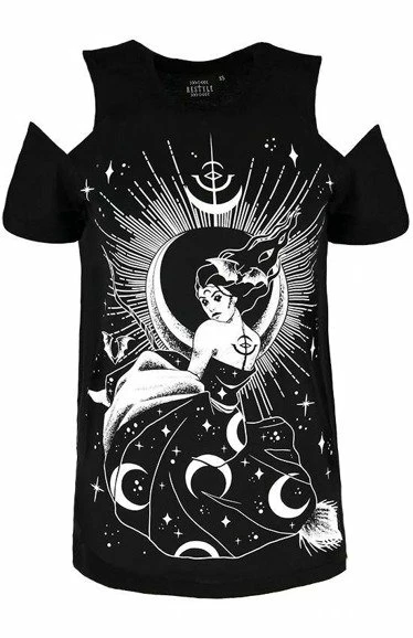 Restyle T-Shirts Black Gothic T-shirt With Witch Nox Cold Shoulder
