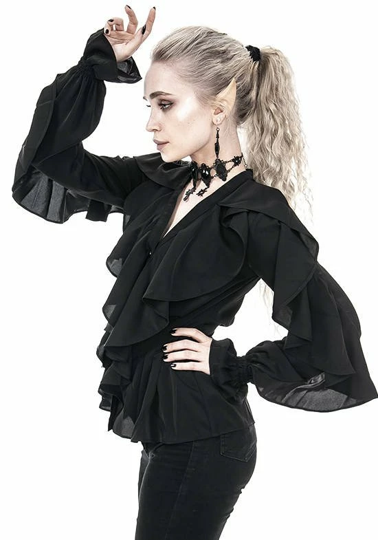 Restyle Standard Tops Black Gothic V Neck Ruffled Shirt - Image 3