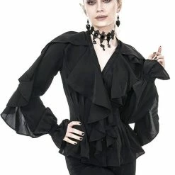 Restyle Standard Tops Black Gothic V Neck Ruffled Shirt